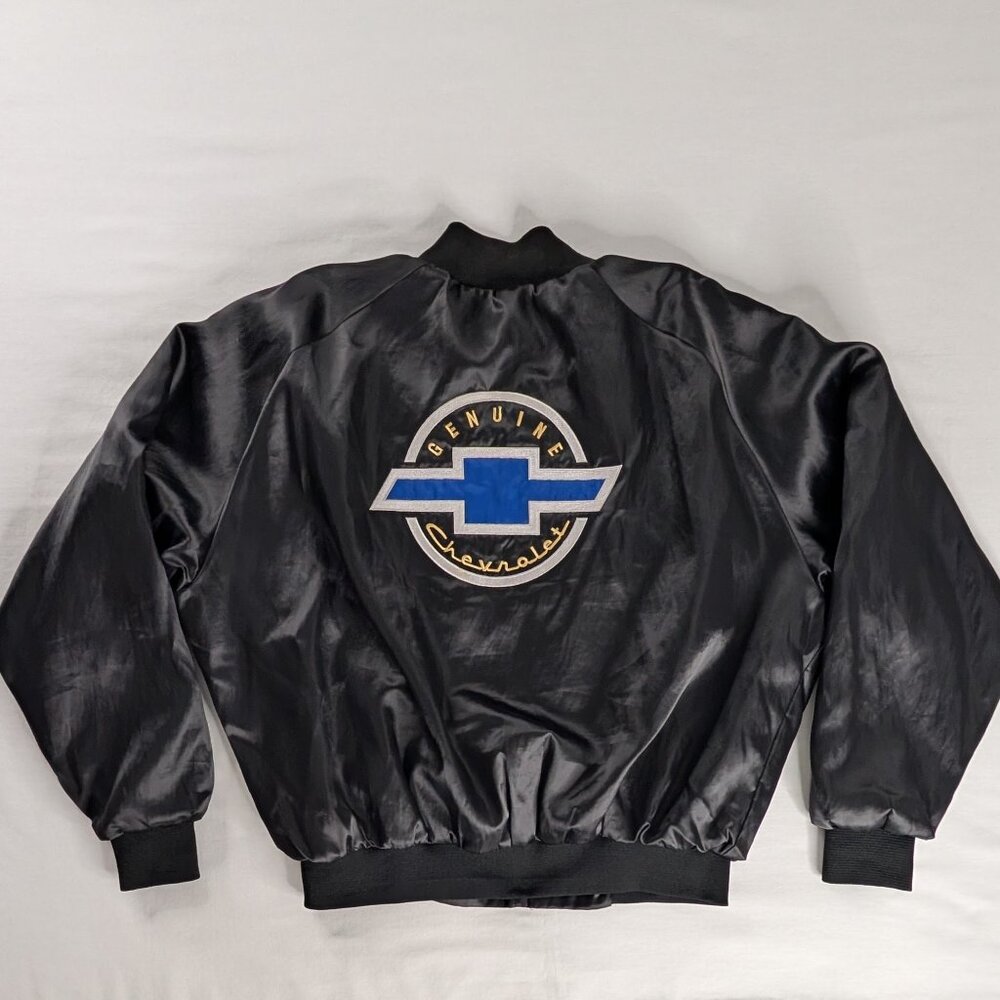 VTG Chevrolet Black Satin Embroidered Bomber Jacket
